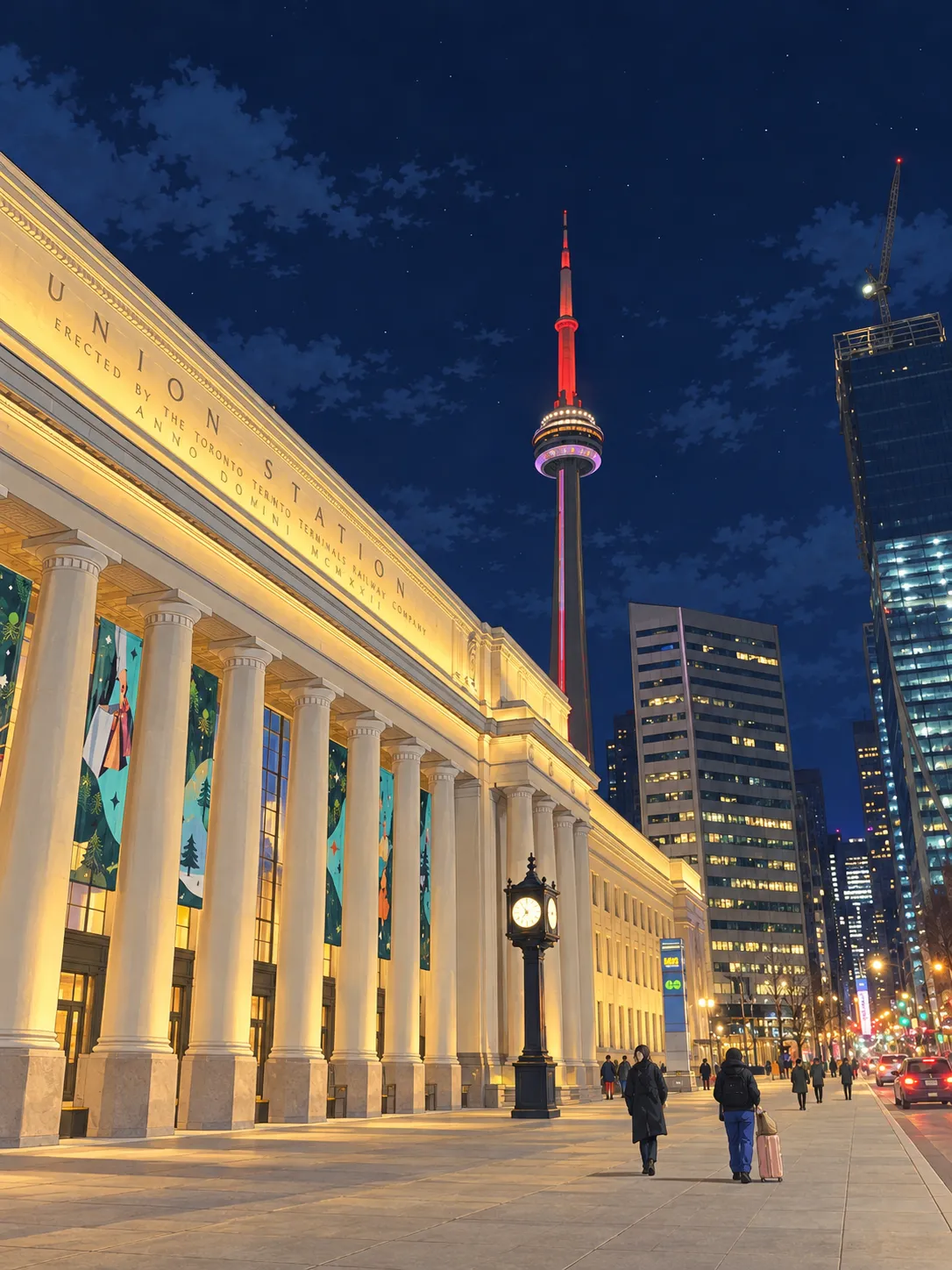 Union Station and the CN Tower at night, Toronto